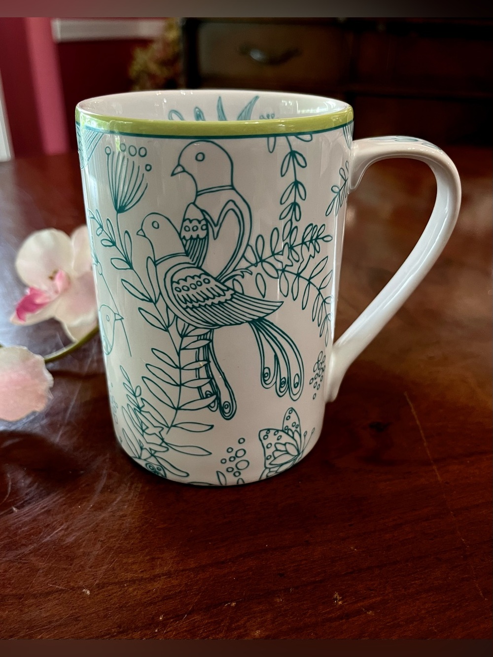 Cynthia Rowley New York "Bird Cage" Ceramic Coffee Mug, Teal/White/Green